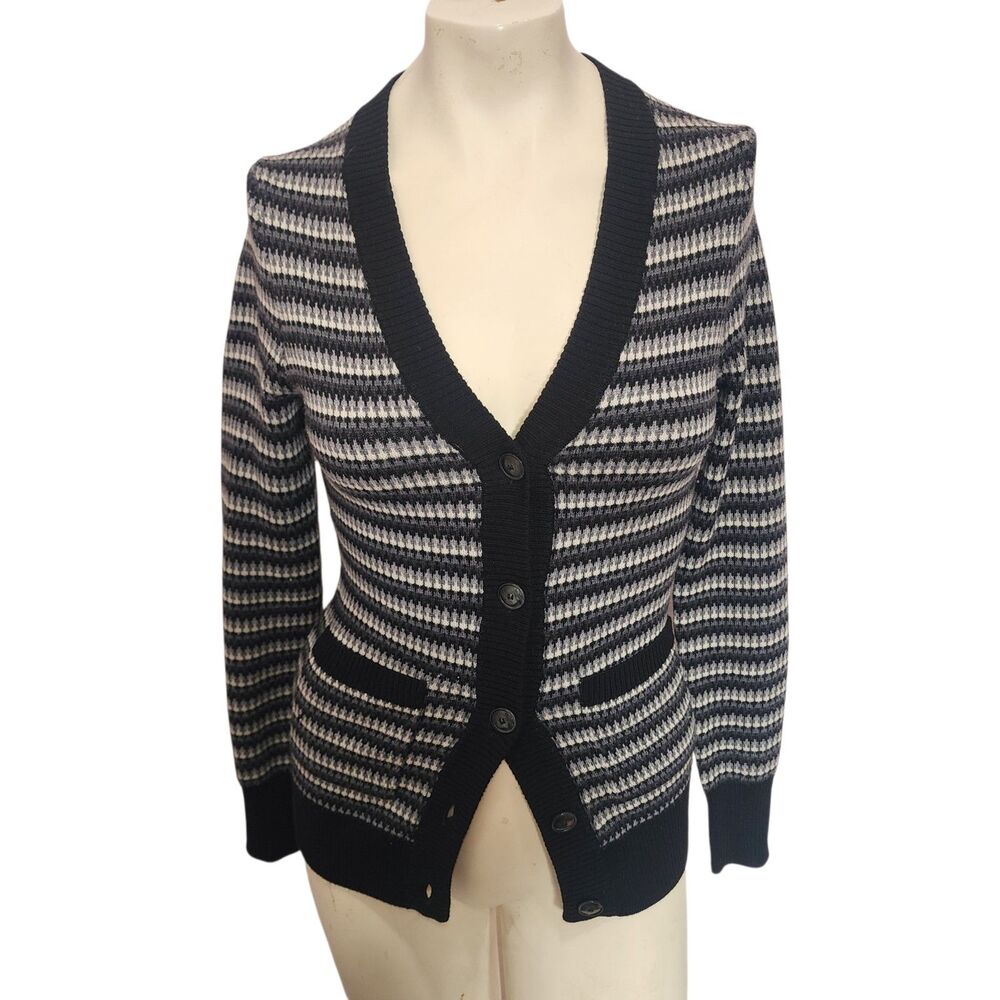 Trina Turk Merino Wool Cardigan Black White Stripe V-Neck Button Front Size P‎